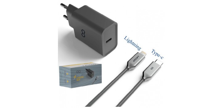 KIT CAVO 1MT LIGHTNINGaTYPE-C(2A 10W)+PRESA MURO TYPE-C 3A