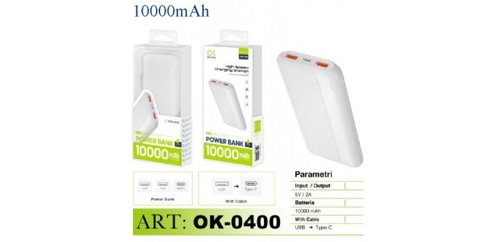 POWERBANK 10000mAh OUT 2xUSB2.0A.In C+MicroUsb BIANCO
