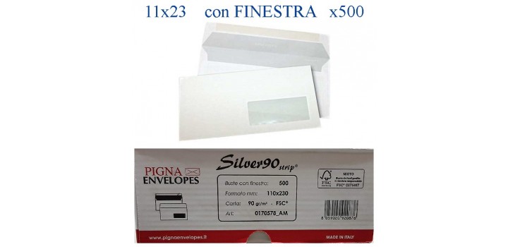 500 BUSTE BIANCHE 11x23cm 90gr STRIP C/FINESTRA PIGNA SILVER