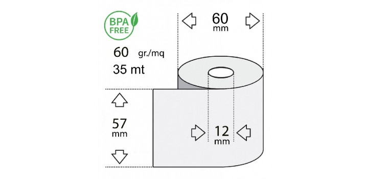 10 ROTOLI CARTA CELLULOSA CALCOLATRICE 57mm °12mm 60mm