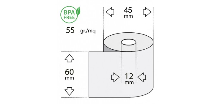10 ROTOLI TERMICI 60mm x25mt x12° °45mm 55gr xSTAMP./CALC.